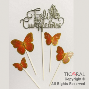 CAKE TOPPER CON 4 MARIPOSAS ROJAS  Y FELIZ CUMPLEA�OS CURSIVA PLATA METALIZADO